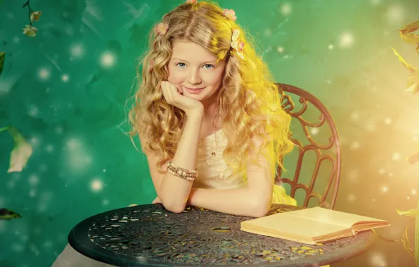 Picture smile, table, hair, girl, book, curls, curls