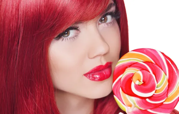 Picture look, girl, eyelashes, model, the sweetness, makeup, lips, Lollipop, red hair