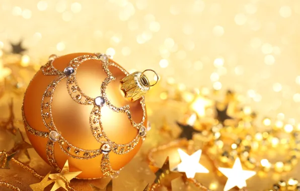 Picture winter, patterns, toy, ball, sequins, New Year, Christmas, the scenery, gold, Christmas, stars, holidays, bokeh, …