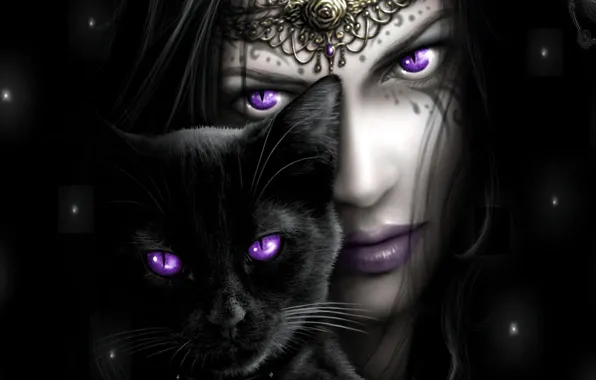 Picture BACKGROUND, GIRL, LOOK, BLACK, CAT, FACE, EYES