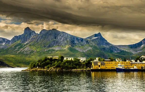 Picture sea, the sky, trees, mountains, clouds, nature, ship, Marina, home, Norway, Bay, the fjord