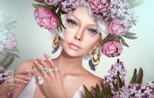 Picture girl, flowers, ring, earrings, wreath