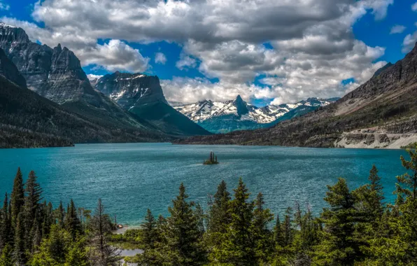 Picture clouds, mountains, lake, Montana, island, Glacier National Park, Saint Mary Lake, Rocky mountains, Montana, Glacier …