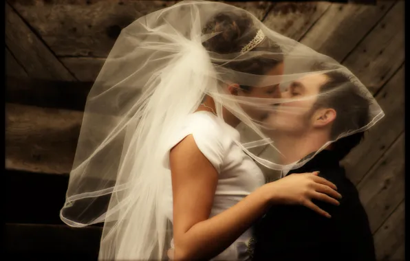 Picture Kiss, The bride, Wedding, Veil