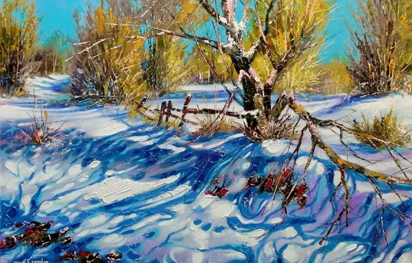 Picture winter, the sky, snow, landscape, branches, nature, picture, day, shadows, painting, Khodukov