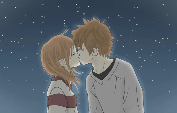 Picture night, kiss, anime, art, girl, guy, date