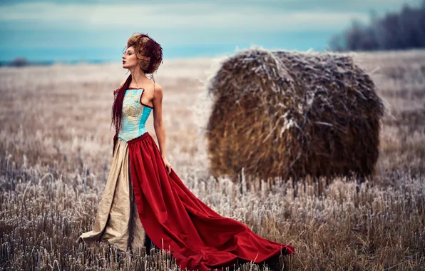 Picture field, girl, dress, Alice Maximova, Russian winter