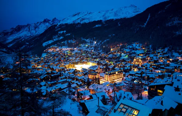 Picture winter, snow, trees, mountains, night, lights, home, Switzerland, valley, Alps, Zermatt, Swiss Alps