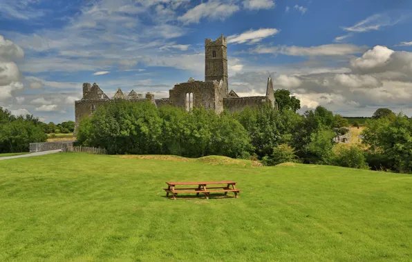 Picture table, the ruins, Ireland, benches, lawn, Quinn Abbey, grass.greens