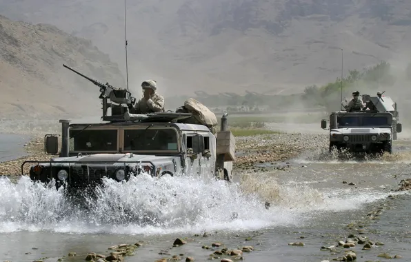 Picture mountains, river, stones, Hammer, soldiers, USA, cars, army, Afghanistan, guns, army, contingent