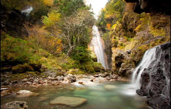 Picture autumn, trees, rocks, waterfall, Japan, Nagano