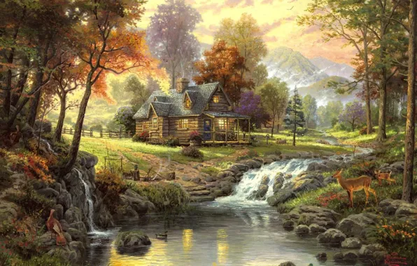 Picture autumn, stream, Landscape, Thomas Kinkade, the cabin in the woods
