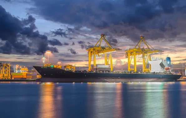 Picture dusk, industrial, ship, cargo, crane, shipyard, logistic