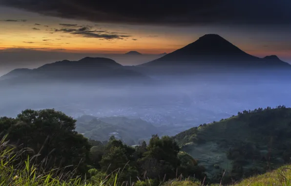 Picture clouds, trees, mountains, Indonesia, Dawn