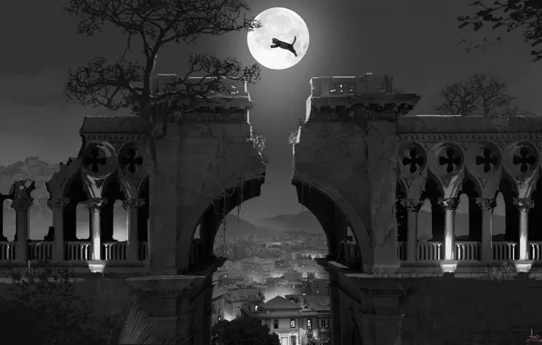 Picture night, the city, castle, the moon, silhouette, ruins, jump