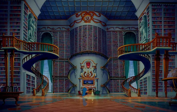 Picture cartoon, stairs, library, globe, disney, disney, beauty and the beast, beauty and the beast