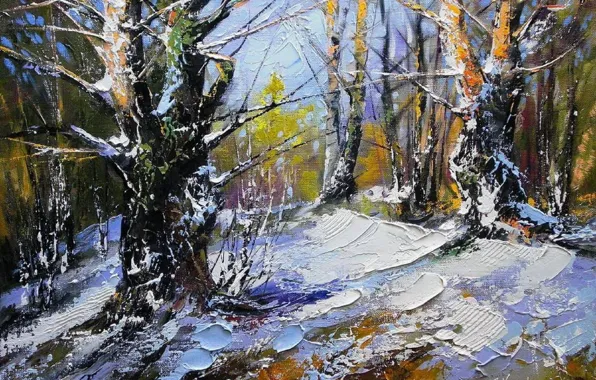 Picture winter, forest, the sky, the sun, snow, trees, landscape, picture, painting, Khodukov, spatula