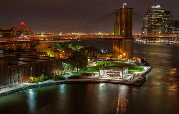 Picture night, bridge, city, building, New York, USA, bridge, night, New York, waterfront