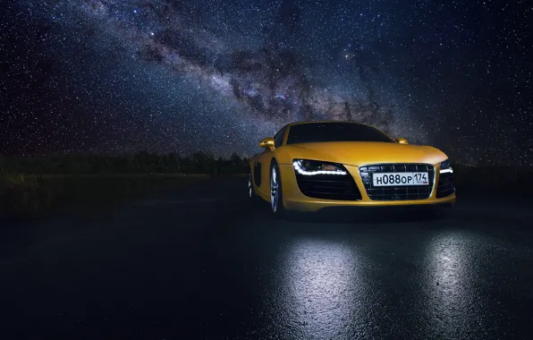 Picture Audi, Star, Space, Night, Yellow, Road, Supercar, Reflection