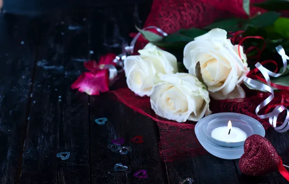 Picture flowers, heart, roses, candle, hearts, white roses, Valentine's Day