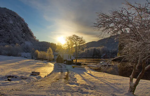 Picture winter, road, the sky, the sun, clouds, snow, trees, sunset, mountains, river, boat, boat, house