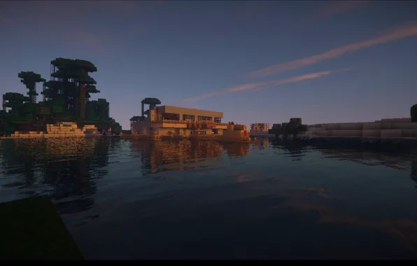 Picture the sky, water, clouds, trees, house, shore, Bay, Minecraft