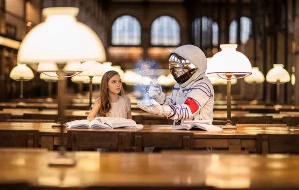 Picture light, lamp, astronaut, girl, library