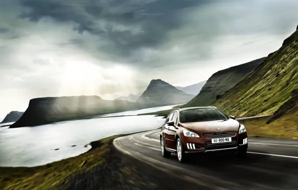 Picture road, auto, the sky, clouds, lake, rocks, speed, highway, car, Peugeot 508 RXH