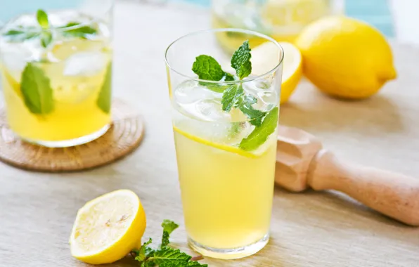 Picture glass, lemon, drink, mint, lemonade