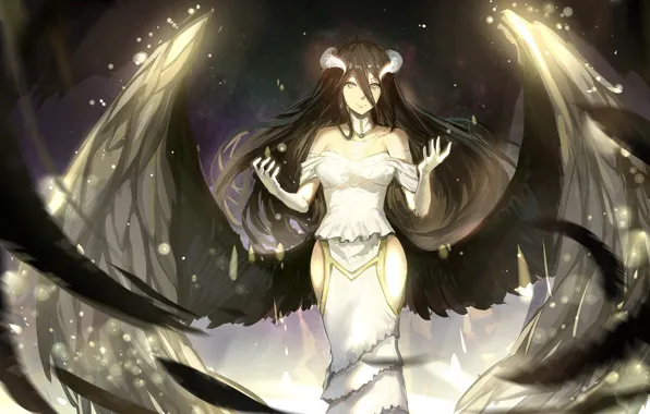 Picture girl, magic, wings, angel, anime, art, horns, Overlord, sishenfan, albedo