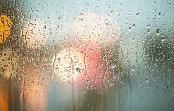 Picture glass, water, drops, light, rain, threads, bokeh