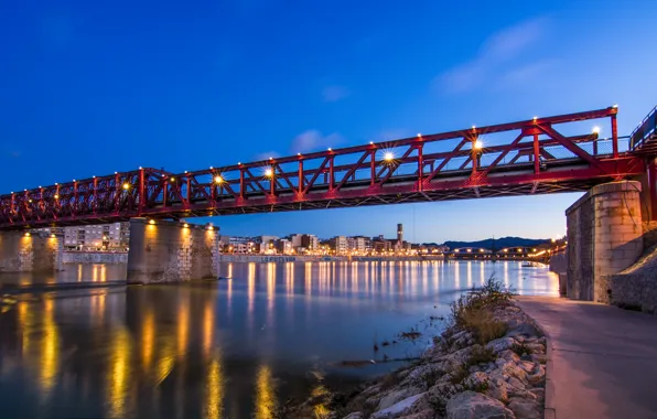 Picture the sky, sunset, bridge, lights, river, home, the evening, lights, Spain, Tortosa