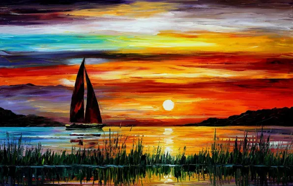 Picture sea, sunset, boat, picture, florida, leonid afremov