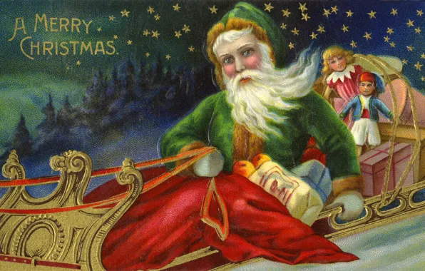 Picture toys, stars, gifts, sleigh, Santa Claus, Santa Claus, postcard