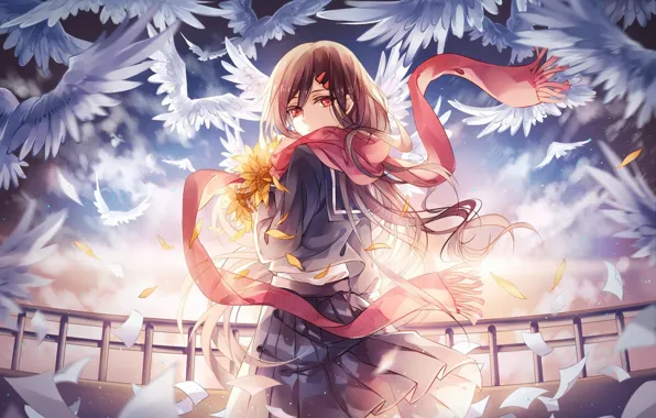 Picture girl, flowers, birds, the wind, bouquet, petals, scarf, art, form, schoolgirl, kagerou project, instocklee, ayano …