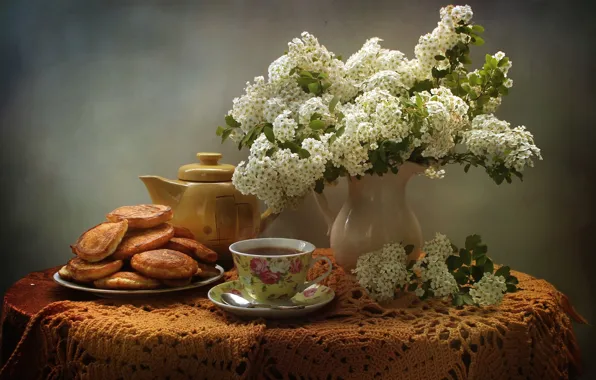 Picture flowers, tea, still life, pancakes, Spiraea