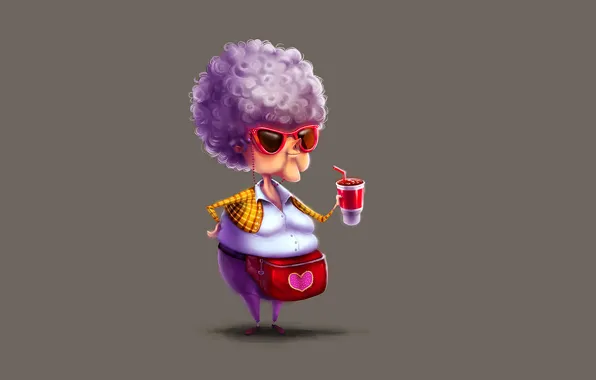 Picture glass, grandma, minimalism, glasses, hairstyle, drink