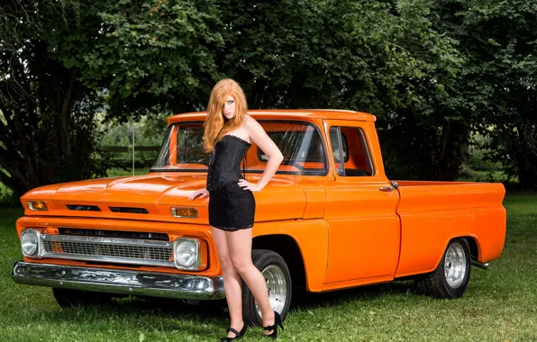 Picture girl, background, Pick up, Chevrolet C10