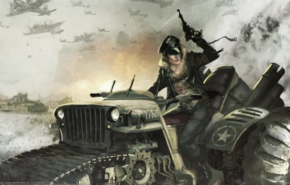 Picture girl, war, jeep, tractor, aircraft, Lamin Martin