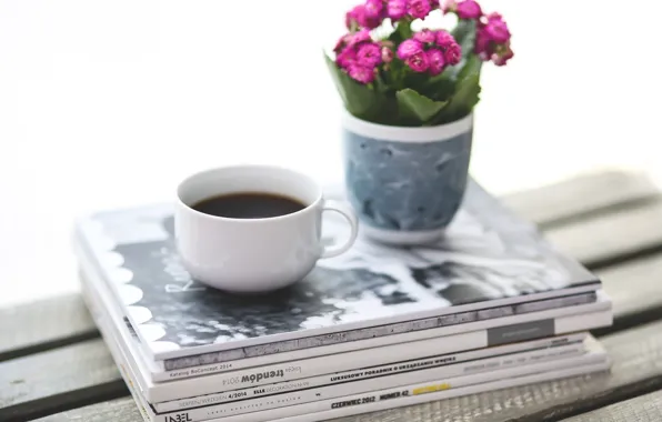 Picture flowers, coffee, food, Breakfast, magazines