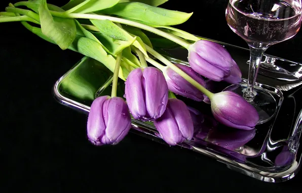 Picture flowers, wine, glass, tulips, tray