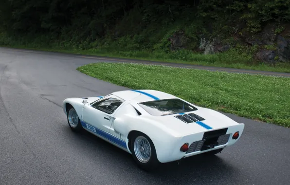 Picture forest, white, grass, Ford, turn, Ford, rear view, 1966, racing car, GT40, ГТ40
