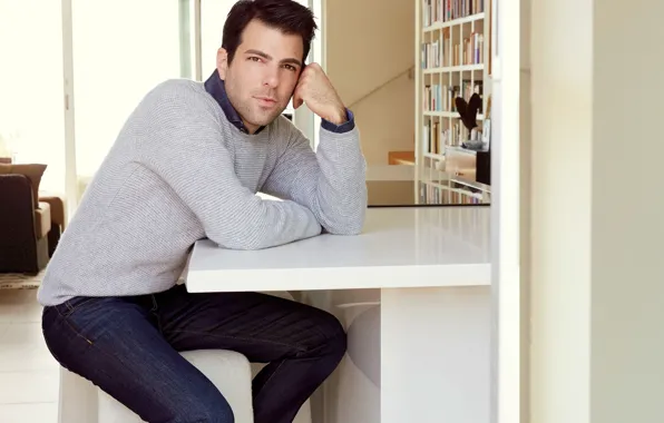 Picture jeans, actor, journal, sitting, photoshoot, Zachary Quinto, Zachary Quinto, jumper, at the table, Robert Ascroft, …
