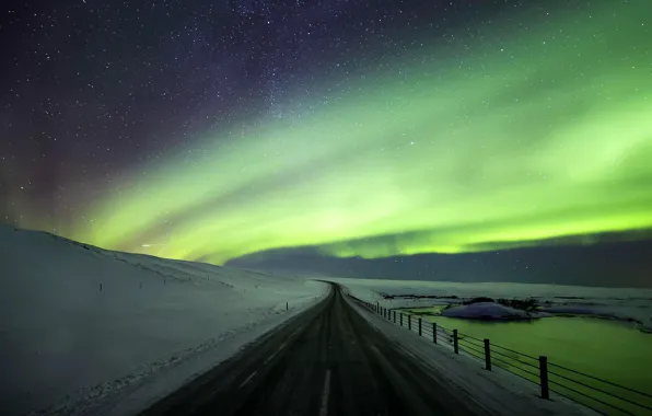 Picture winter, road, the sky, stars, snow, night, nature, Northern lights, Iceland