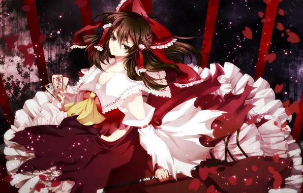Picture petals, bow, ruffles, hakurei reimu, mascots, the fluffy skirt, project East, touhou project