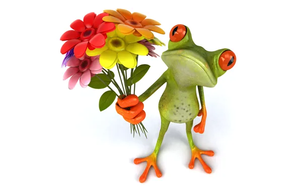 Picture frog, frog, flowers, funny