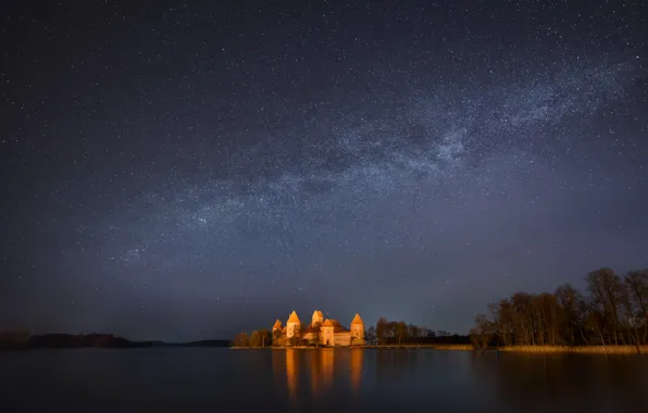 Picture the sky, stars, trees, night, lake, The Milky Way, Lithuania, Trakai castle