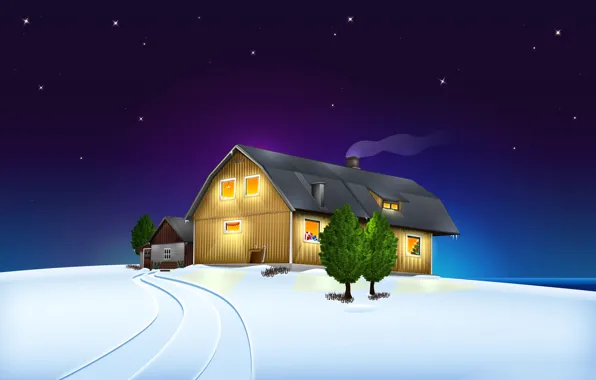 Picture winter, the sky, stars, snow, landscape, night, house, Christmas