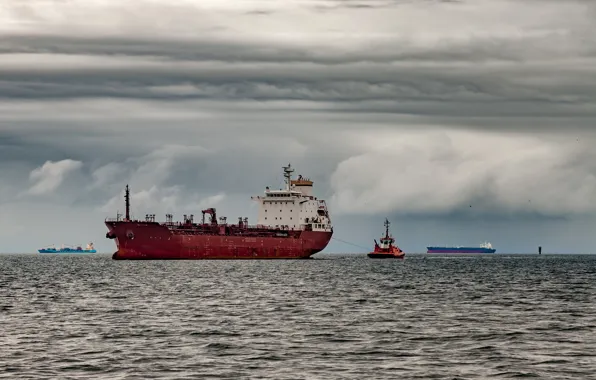 Picture sea, the sky, clouds, overcast, ships, horizon, boat, tanker
