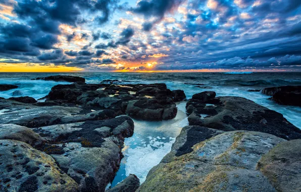 Picture beach, the sky, clouds, stones, shore, morning